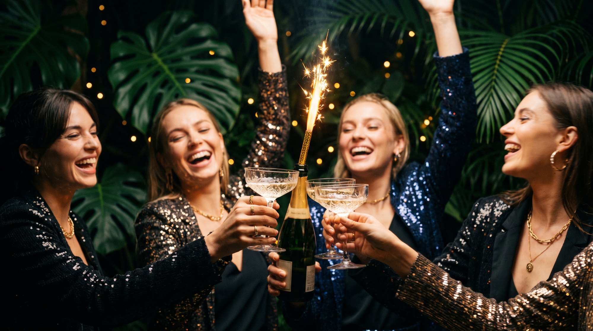 Friends toasting with champagne at Monarca, Vancouver jungle supper club